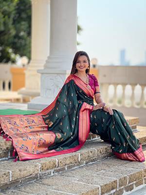 Dark Green Soft Paithani Silk Blend Saree 1