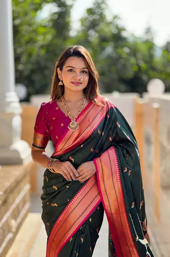 Dark Green Soft Paithani Silk Blend Saree