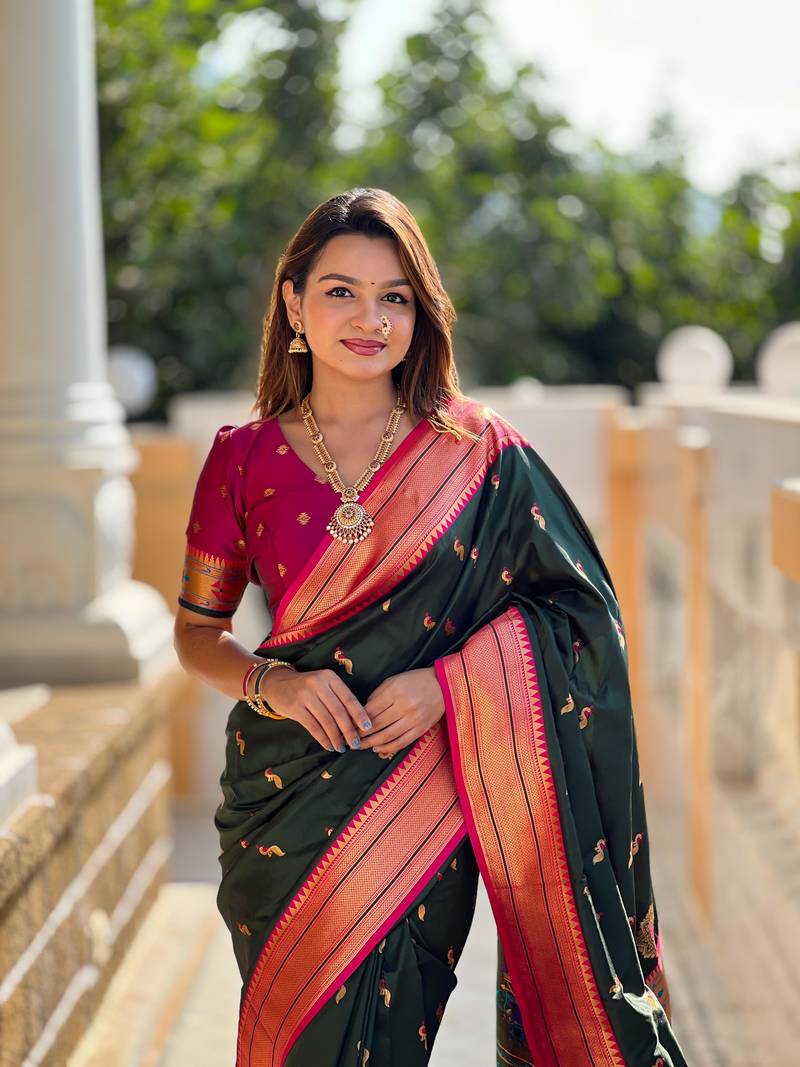 Dark Green Soft Paithani Silk Blend Saree