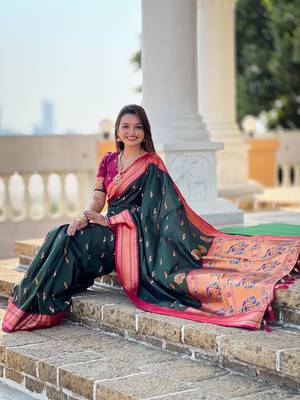Dark Green Soft Paithani Silk Blend Saree 3