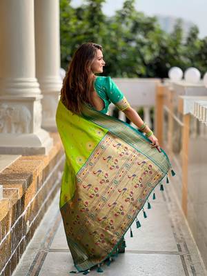 Parrot Green Soft Paithani Silk Blend Saree 2