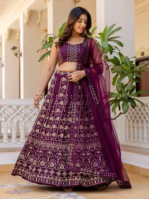 Wine Georgette Lehenga Choli with Sequins Embroidery 2