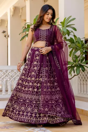 Wine Georgette Lehenga Choli with Sequins Embroidery