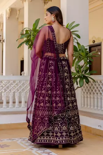 Wine Georgette Lehenga Choli with Sequins Embroidery