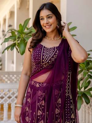 Wine Georgette Lehenga Choli with Sequins Embroidery 4