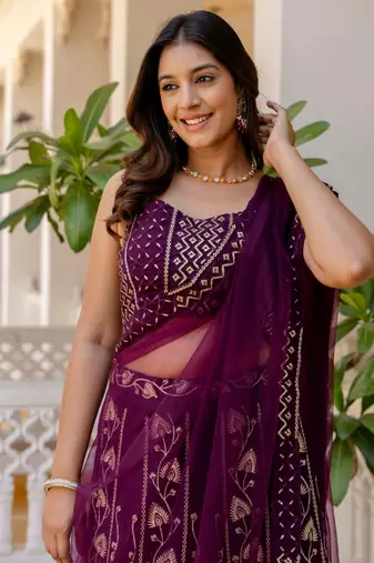 Wine Georgette Lehenga Choli with Sequins Embroidery