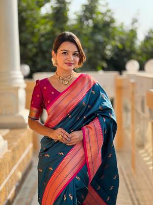 Teal Soft Paithani Silk Blend Saree 2