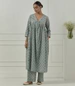 Blue cotton floral printed kurta set
