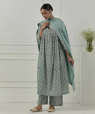 Blue cotton floral printed kurta set 3