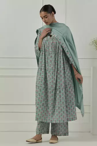 Blue cotton floral printed kurta set