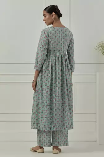Blue cotton floral printed kurta set