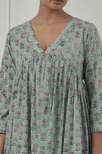 Blue cotton floral printed kurta set