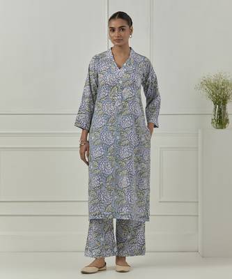 Blue floral printed cotton kurta set 1