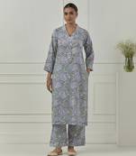 Blue floral printed cotton kurta set
