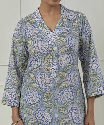 Blue floral printed cotton kurta set 2