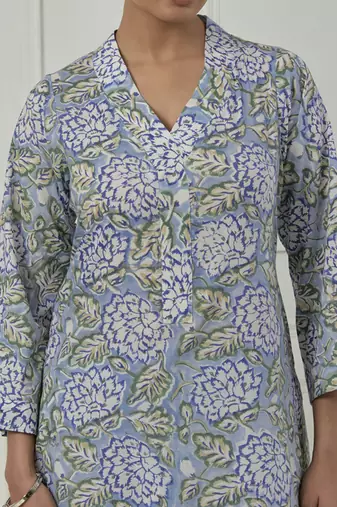 Blue floral printed cotton kurta set