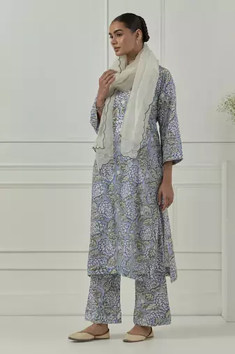 Blue floral printed cotton kurta set
