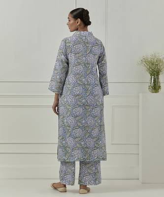 Blue floral printed cotton kurta set 4