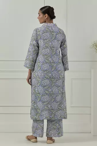 Blue floral printed cotton kurta set