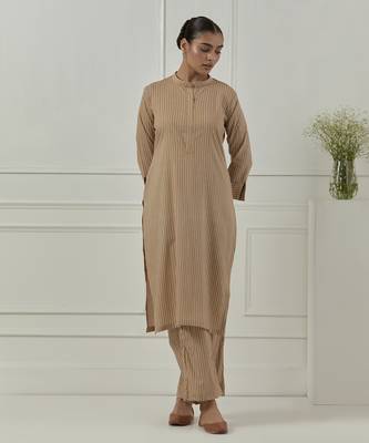 Mustard cotton stripes printed kurta set 1