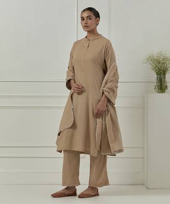 Mustard cotton stripes printed kurta set 2