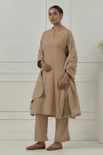Mustard cotton stripes printed kurta set
