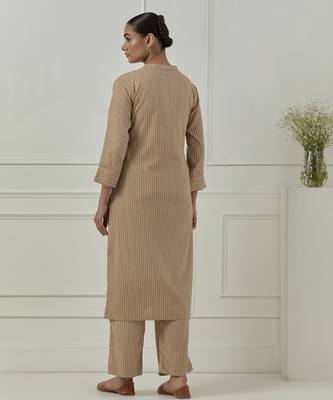 Mustard cotton stripes printed kurta set 3