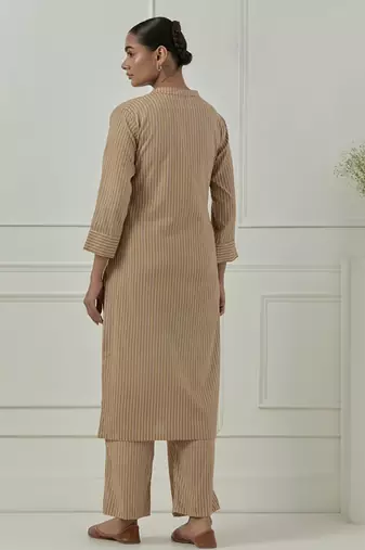 Mustard cotton stripes printed kurta set