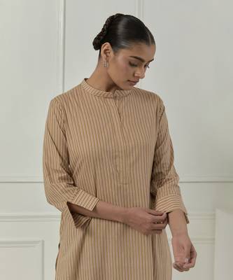 Mustard cotton stripes printed kurta set 4