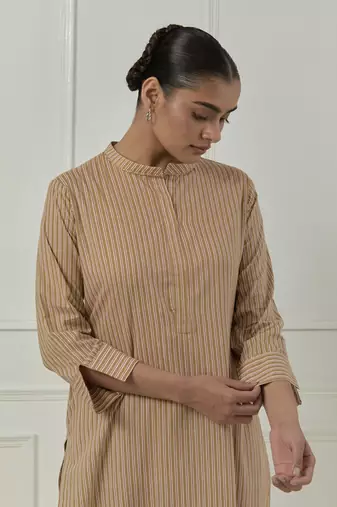 Mustard cotton stripes printed kurta set