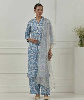 Floral printed  blue cotton kurta set 1