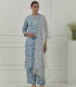 Floral printed  blue cotton kurta set