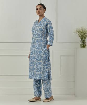 Floral printed  blue cotton kurta set 2
