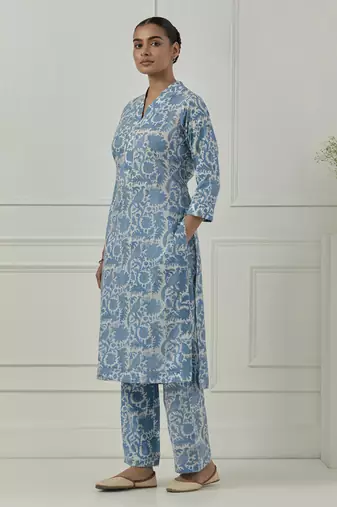 Floral printed  blue cotton kurta set