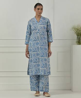 Floral printed  blue cotton kurta set 3