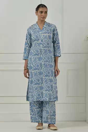 Floral printed  blue cotton kurta set
