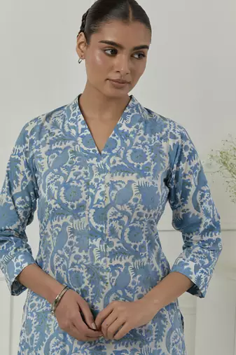 Floral printed  blue cotton kurta set
