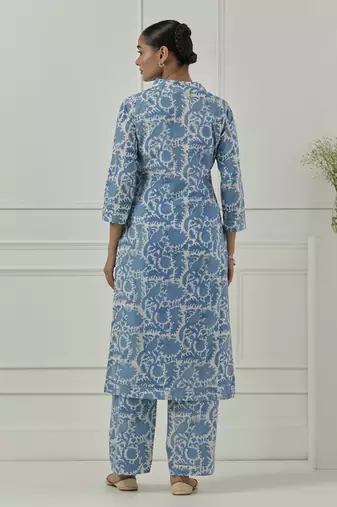 Floral printed  blue cotton kurta set
