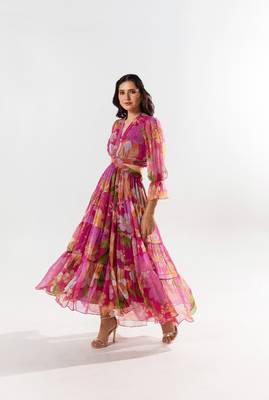Maroon chiffon printed fleur dress 1