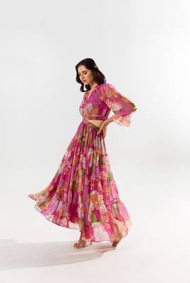Maroon chiffon printed fleur dress 2
