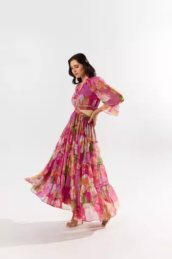 Maroon chiffon printed fleur dress