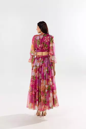 Maroon chiffon printed fleur dress