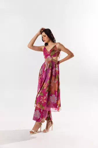 Maroon chiffon printed rosalie set