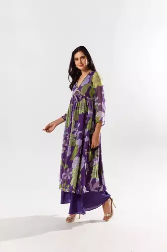 Purple chiffon printed diana set