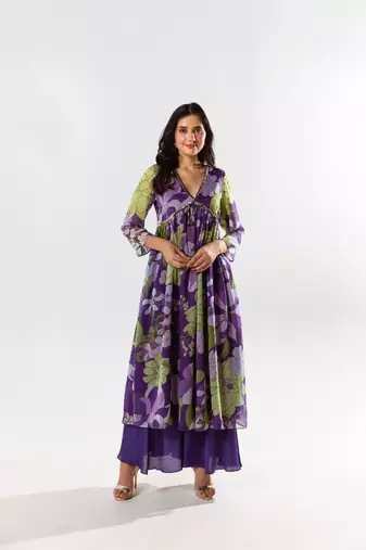 Purple chiffon printed diana set