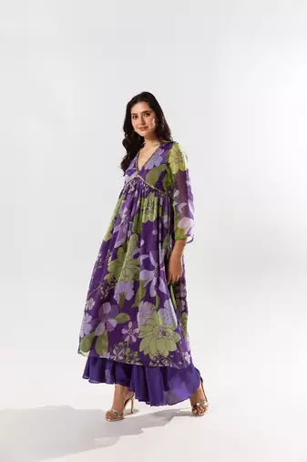 Purple chiffon printed diana set