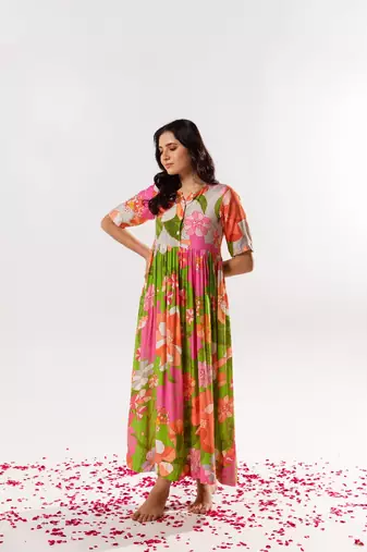 Multicolor cotton silk printed emilia dress
