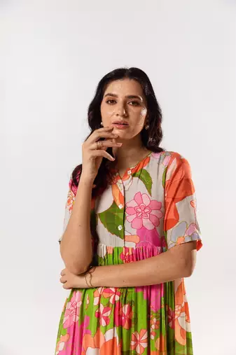 Multicolor cotton silk printed emilia dress