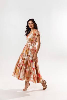 Beige cotton silk printed luciq dress 1