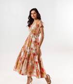 Beige cotton silk printed luciq dress